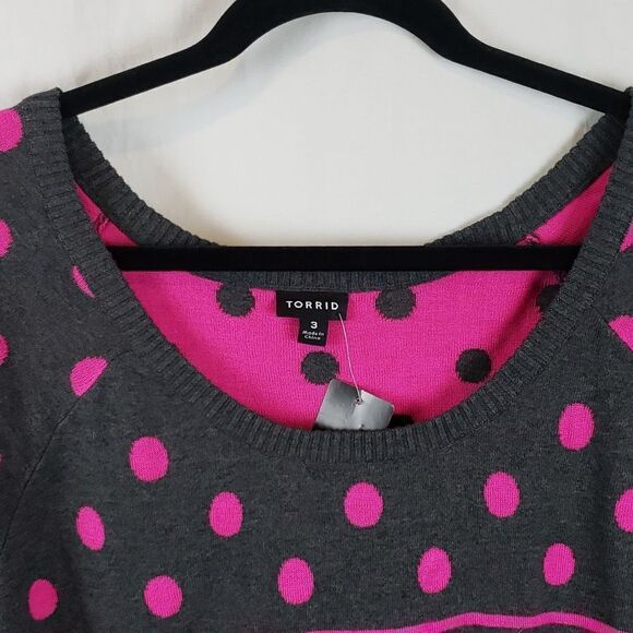 Torrid 3 Grey & Pink Polka Dot & Stripe Sweater - Picture 2 of 16